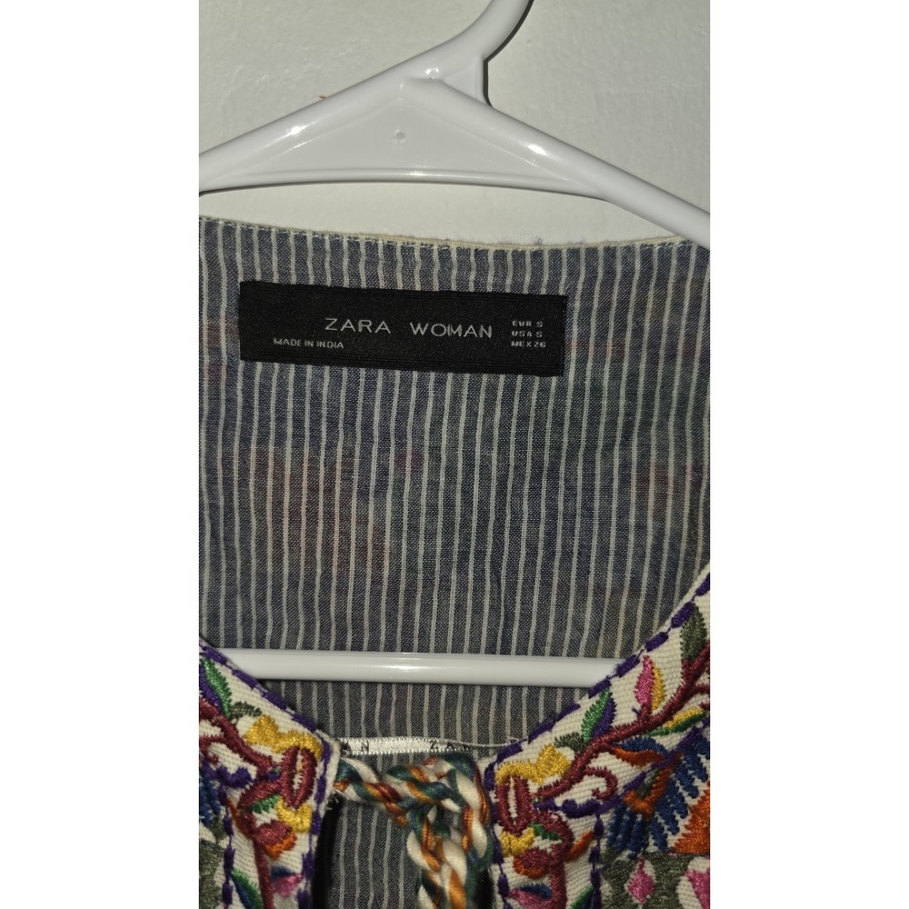 Zara Woman Jacket Blouse Embroidered Boho Pom Pom Blue White Striped Womens Sz S - Picture 3 of 10